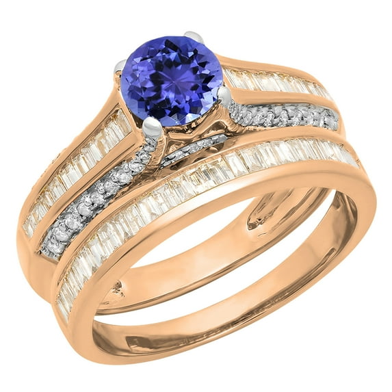 1.25 Carat (ctw) 10K Rose Gold Round & Baguette Cut Tanzanite & White Diamond Ladies Vintage Bridal Engagement Ring Set