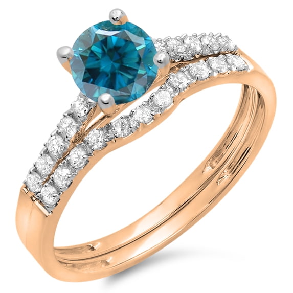 1.25 Carat (ctw) 10K Rose Gold Round White & Blue Diamond Ladies Bridal Engagement Ring Matching Band Wedding Sets 1 1/4