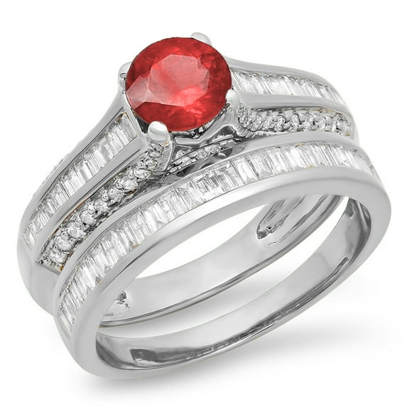 1.25 Carat (ctw) 10K White Gold Round & Baguette Cut Ruby & White Diamond Ladies Vintage Bridal Engagement Ring Set 1 1/