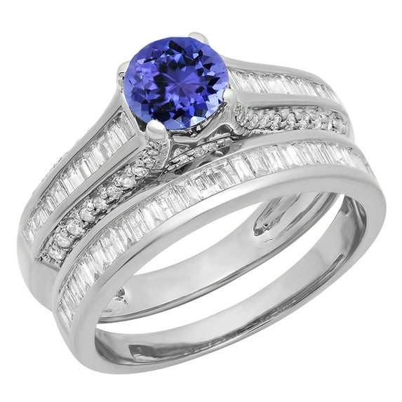 1.25 Carat (ctw) 10K White Gold Round & Baguette Cut Tanzanite & White Diamond Ladies Vintage Bridal Engagement Ring Set