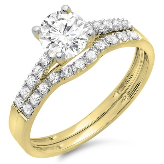 1.25 Carat (ctw) 10K Yellow Gold Round White Diamond Ladies Bridal Engagement Ring Matching Band Wedding Sets 1 1/4 CT
