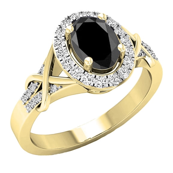 1.25 Carat (ctw) 14K Yellow Gold Oval Cut Black Sapphire & Round Cut White Diamond Ladies Bridal Split Shank Halo Engage