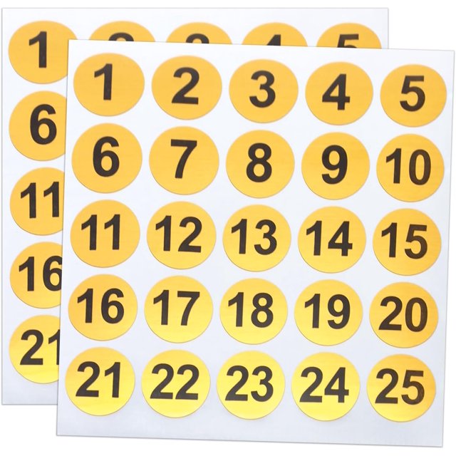 1 to 25 Consecutive Number Stickers Round Vinyl Waterproof Labels