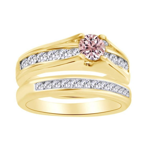 AFFY 1.25 Ct Simulated Morganite & White Natural Diamond Engagement Wedding Ring in 10k Yellow Gold Ring Size - 6