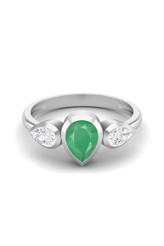 1.25 Cts Bezel set Pear Emerald 925 Sterling Silver Three Stone Women Valentines Day Gifts Ring