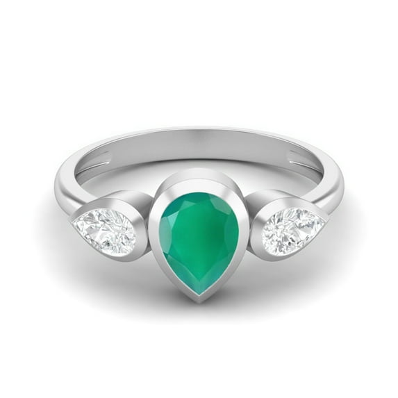 1.25 Cts Bezel set Pear Green Onyx 925 Sterling Silver Three Stone Women Mother's Day Gift Ring
