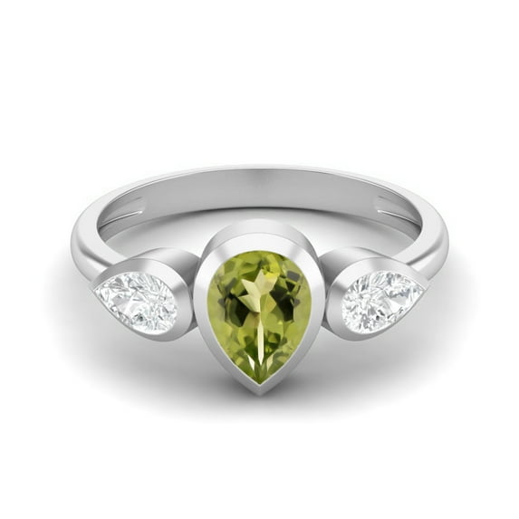 1.25 Cts Bezel set Pear Peridot 925 Sterling Silver Three Stone Women Valentines Day Gifts Ring