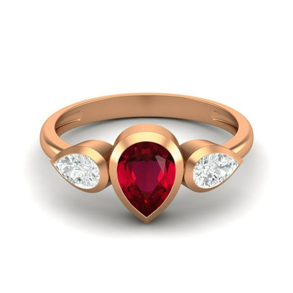 1.25 Cts Bezel set Pear Ruby Glass Field 925 Sterling Silver Rose Vermeil Three Stone Women Mother's Day Gift Ring