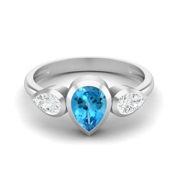 1.25 Cts Bezel set Pear Swiss Blue Topaz 925 Sterling Silver Three Stone Women Valentines Day Gifts Ring