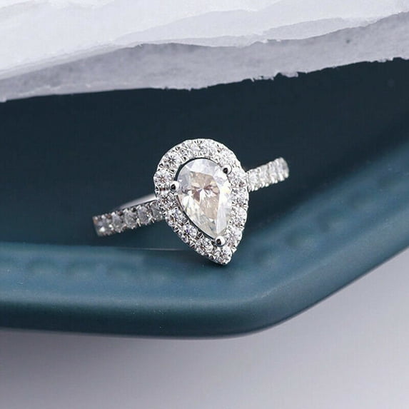 1.25 Cts Certified Pear Shape Moissanite Diamond Halo Engagement Ring, 18K White Gold Plated Ring /925 Sterling Silver Ring
