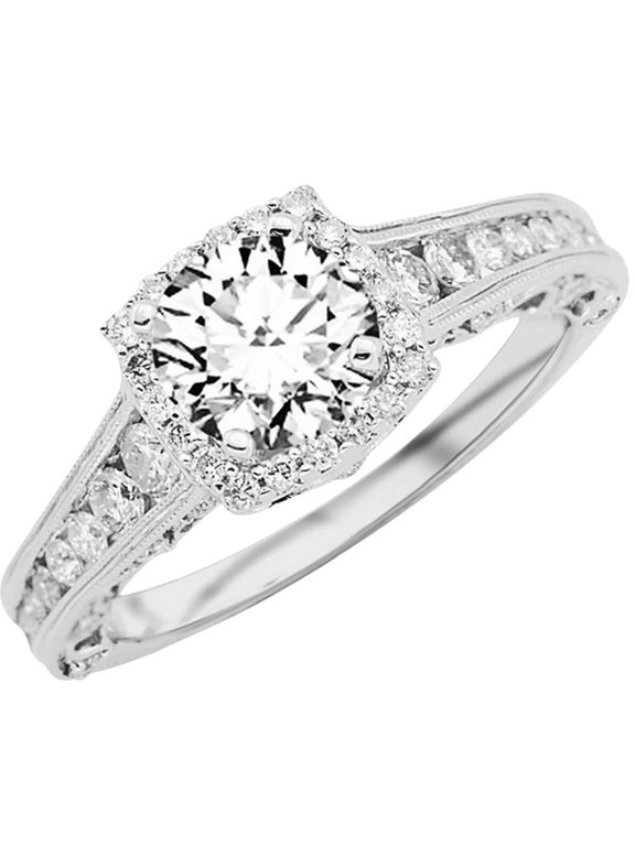 1.25 Ctw Round Vintage Halo Channel Milgrain Designer Platinum Diamond Engagement Ring (H-I Color I2 Clarity 0.5 Ct Center)