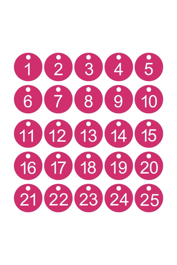 1-25 Number Tags, 25Pcs Round ID Number Key Tags Plastic Numbered Keychain for Luggage Lockers Organizer Field Sales Hangers Clothes Labels, Roes Red-White