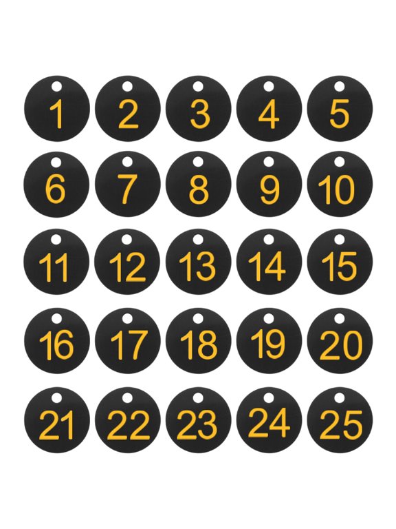 1-25 Number Tags, 25Pcs Round ID Number Key Tags Plastic Numbered Keychain for Luggage Lockers Organizer Field Sales Hangers Clothes Labels, Yellow-Black