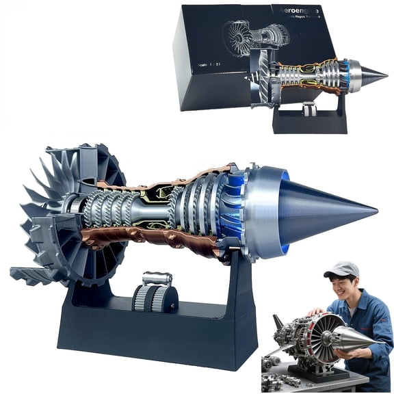 1/25 Simulation Aircraft Turbojet Engine Rotatable Model, Tr900 3D Printed Aircraft Engine Simulation Model with LED Light & Adjustable Speed Motor(Finished Product Blue Light)