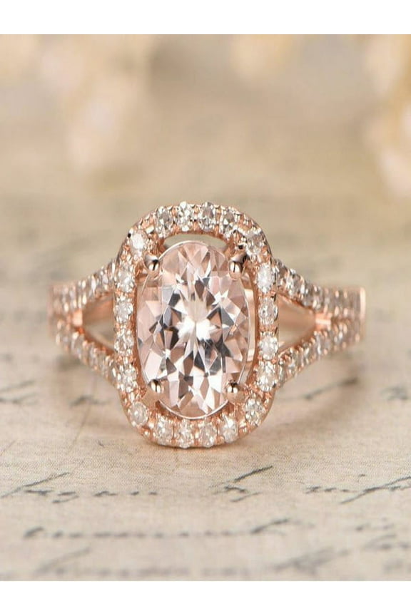 1.25 carat Morganite and Diamond Halo Engagement Ring in 10k Rose Gold for Women