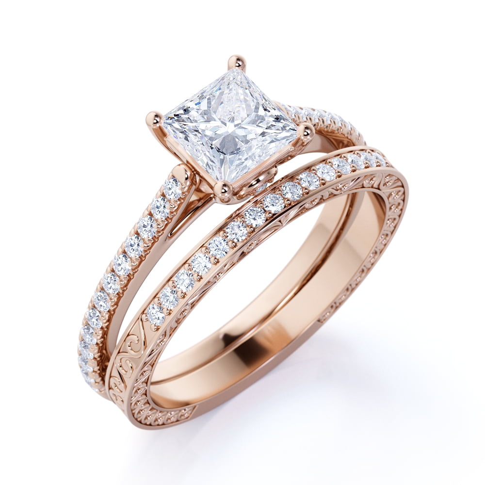 1.20 Carat Black Diamond Engagement Ring Set, Vintage Wedding Rings Sets,  Filigree Engraved Solitaire Engagement Ring Set, 14k White Gold