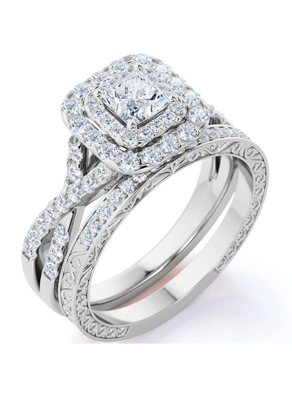 1.25 ct - Square Moissanite - Double Halo - Twisted Band - Vintage Inspired - Pave - Wedding Ring Set in 18K White Gold over Silver
