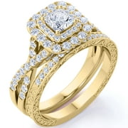 1.25 ct - Square Moissanite - Double Halo - Twisted Band - Vintage Inspired - Pave - Wedding Ring Set in 18K Yellow Gold over Silver