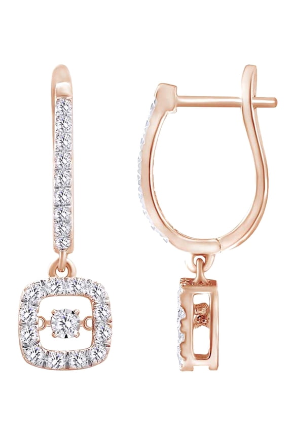 (1.25 cttw) Round Cut White Natural Dancing Diamond Square Drop Earrings In 14k Rose Gold
