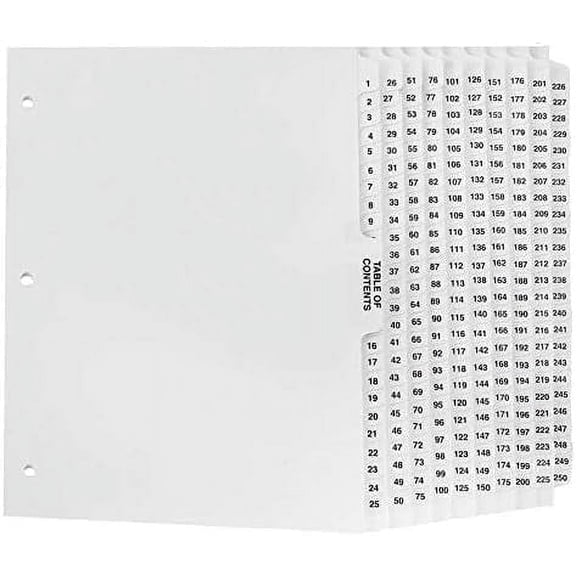 Exhibitindexes Numbered Dividers 1-250 Punched - AVE Style Bold Tabs - Side Collated Exhibit Tabs