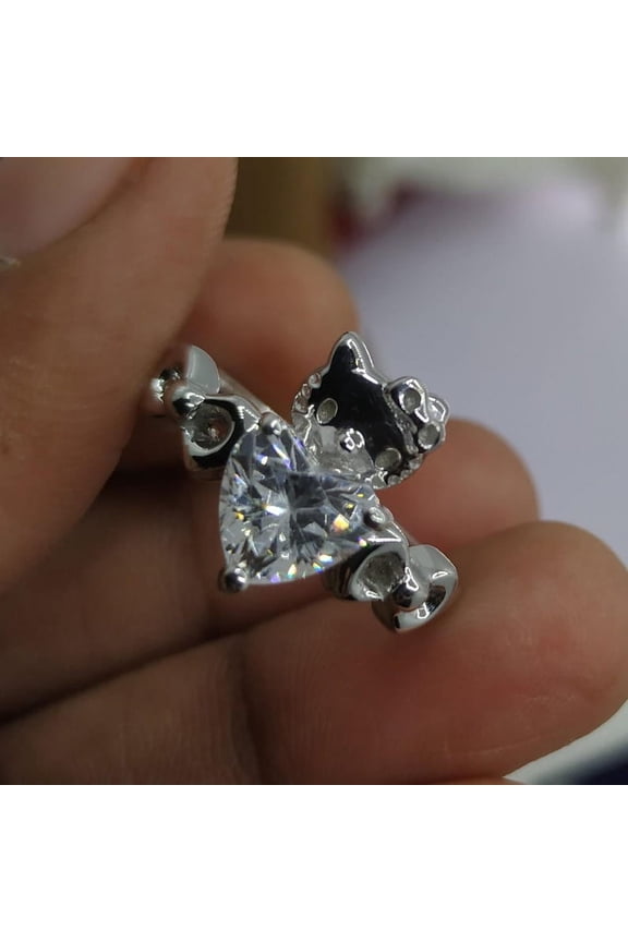 1.25Ct Heart Cut Simulated Diamond Hello Kitty Engagement Wedding Ring 14K White Gold Plated 925 Silver Women's Ring Mother's Day Gifts