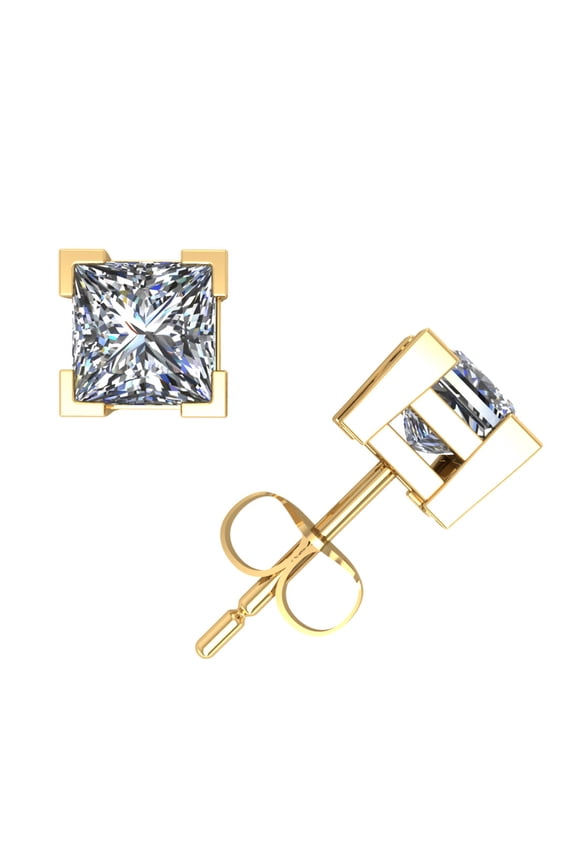 1.25Ct Princess Cut Diamond Stud Earrings 14k Yellow Gold V-Prong Set Push Back F VS2