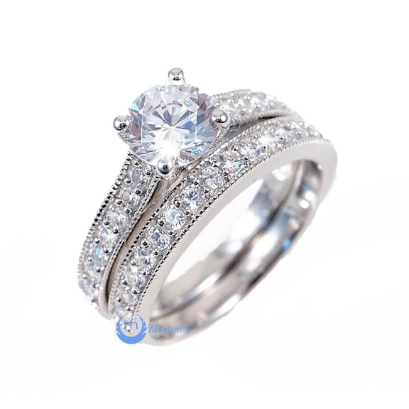 1.25ct Engagement Wedding Set 2 RINGS Signity CZ Pave/Prong Set Sterling Silver(SIZE: 9)