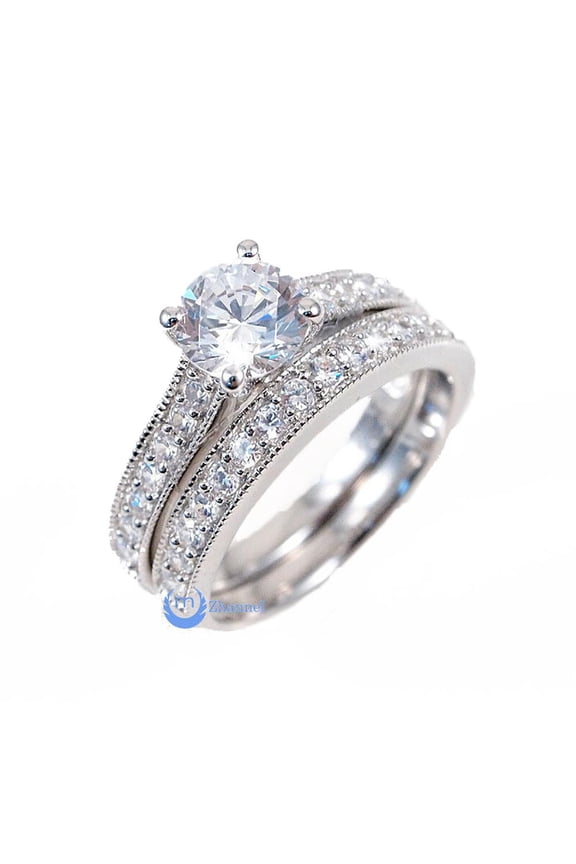 1.25ct Engagement Wedding Set 2 RINGS Signity CZ Pave/Prong Set Sterling Silver(SIZE: 9)