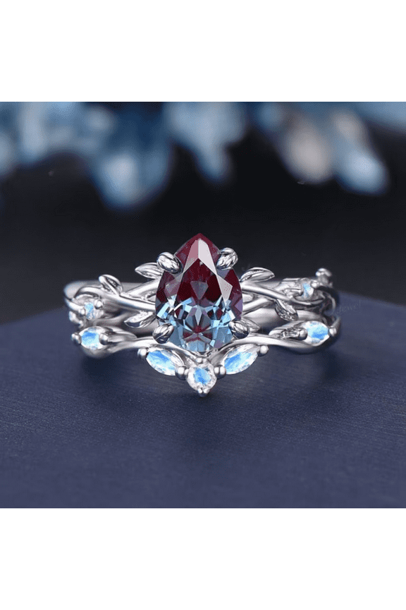 1.25ct Inspired Color-Change Alexandrite Moonstone Bridal Set- 925 Sterling Silver- Art Deco Teardrop Alexandrite Ring Set