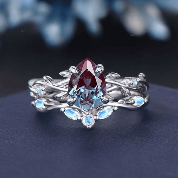 1.25ct Inspired Color-Change Alexandrite Moonstone Bridal Set- 925 Sterling Silver- Art Deco Teardrop Alexandrite Ring Set