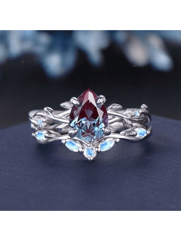 1.25ct Inspired Color-Change Alexandrite Moonstone Bridal Set- 925 Sterling Silver- Art Deco Teardrop Alexandrite Ring Set