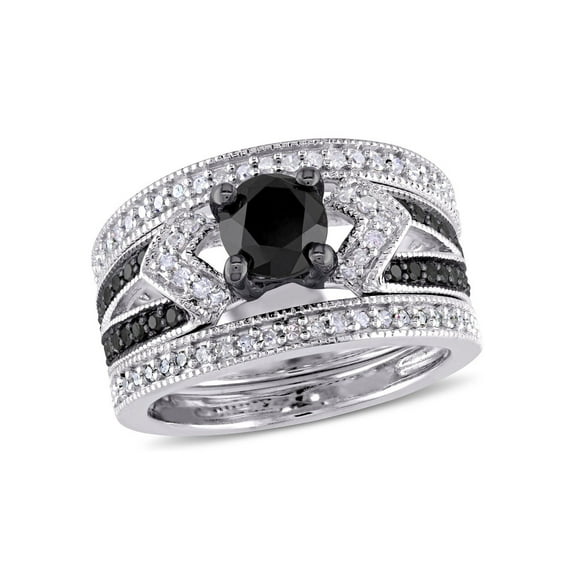 1.26 Carat (Ctw) Black Diamond Engagement Ring and Wedding Band Set in Sterling Silver for Women
