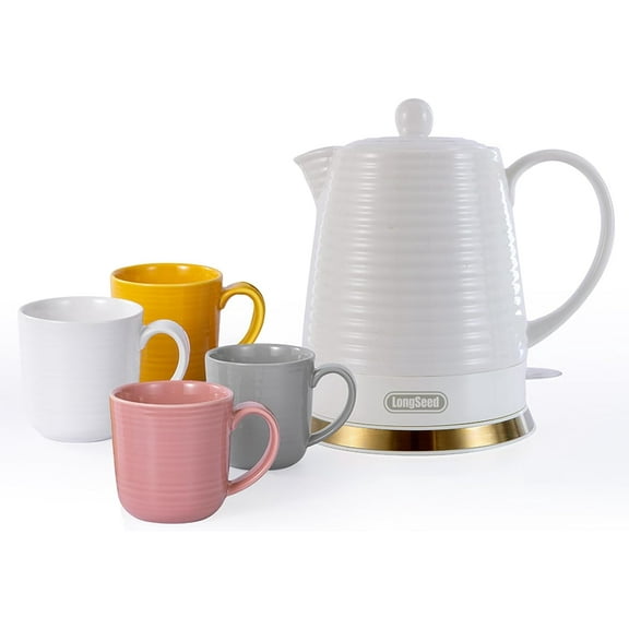 1.26 Quarts Ceramic Electric Kettle with Infuser & Cups Kit, Boil Water Teapot, Boil-Dry Protection Auto Shut-off, Detachable Swivel Base, 1000W Fast Boiling for Tea and Coffee