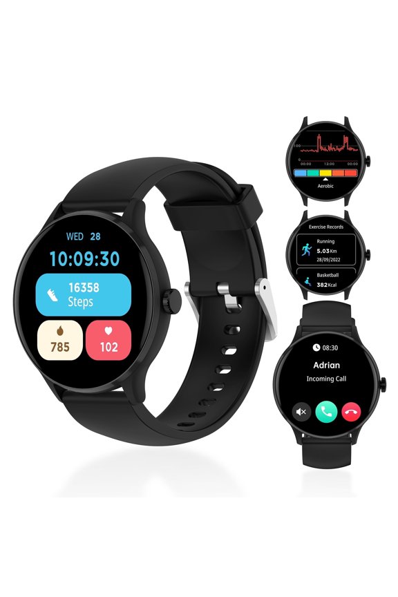 1.26" Smart Watch with 123 Sports Modes, Custom Dials, Split Screen, IP68 Water-Resistant, Compatible with Android and iOS, Black
