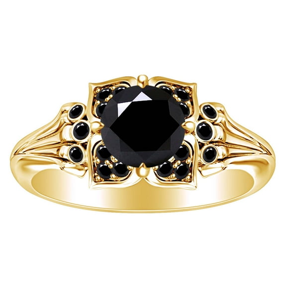 AFFY 1.27 Carat Round Shape Black Natural Diamond Engagement Ring 14K Solid Yellow Gold Ring Size-5