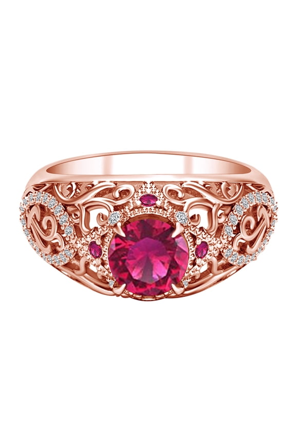 1.27 Carat Round Shape Simulated Ruby & Natural Diamond Unique Filigree Ring 14k Solid Rose Gold Ring Size-6.5