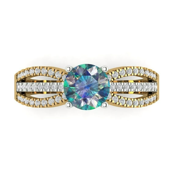 1.27 ctw Solitaire with Zirconia Diamond Accents Anniversary Ring for Women | Round Cut Blue Moissanite | Hyperallergenic Solid 14K Yellow/White Gold