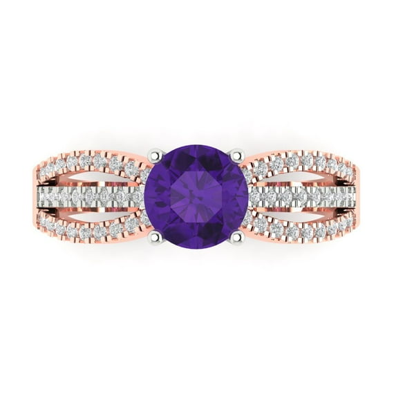 1.27 ctw Solitaire with Zirconia Diamond Accents Anniversary Ring for Women | Round Cut Natural Amethyst | Hyperallergenic Solid 14K White/Rose Gold
