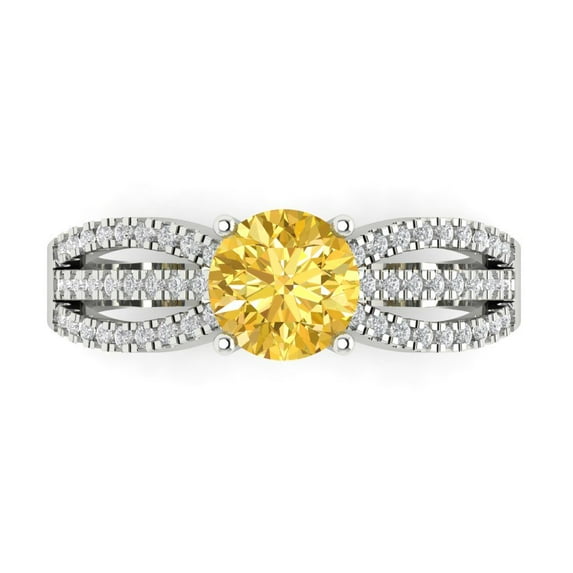 Clara Pucci 14K White Gold Solid Gold Citrine Solitaire with Accents Anniversary Ring for Women - 1.27 cttw Round Cut