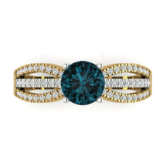 Clara Pucci 14K Yellow/White Gold Solid Gold LondonBlueTopaz Solitaire with Accents Anniversary Ring for Women - 1.27 cttw Round Cut