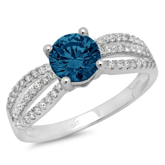 1.27 ct Round Cut Natural London Blue Topaz Solitaire with Simulated Diamond Accents 18K White Gold Womens Engagement Ring