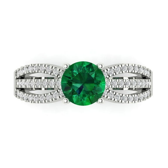 1.27 ct Round Cut Simulated Emerald Solitaire with Accents Engagement Ring for Women in 14K White Gold
