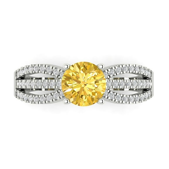 1.27 ct Round Cut Simulated Yellow Diamond Solitaire with Accents Engagement Ring for Women in 18K White Gold