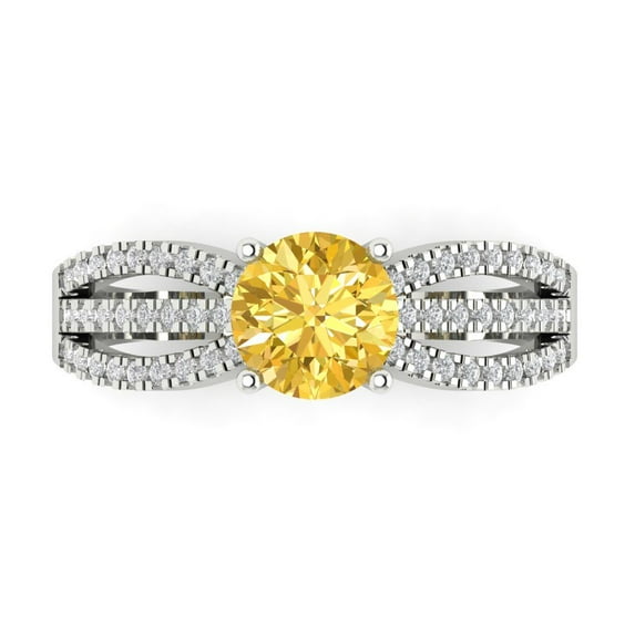 1.27 ct Round Cut Simulated Yellow Diamond Solitaire with Accents Engagement Ring for Women in 18K White Gold