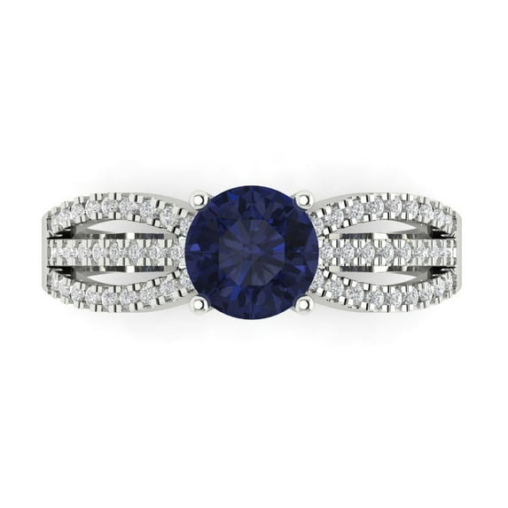 1.27 ct Round Cut Simulated Blue Sapphire Solitaire with Simulated Diamond Accents 18K White Gold Womens Engagement Ring