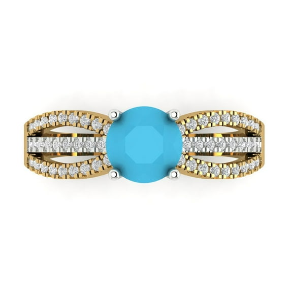 Clara Pucci 14K Yellow/White Gold Solid Gold Turquoise Solitaire with Accents Anniversary Ring for Women - 1.27 cttw Round Cut