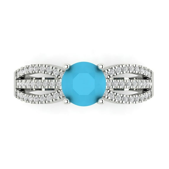 1.27 ct Round Cut Simulated Turquoise Solitaire with Simulated Diamond Accents 18K White Gold Womens Engagement Ring
