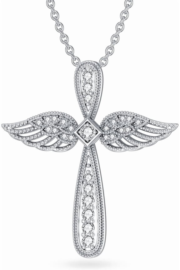 1/28 Carat Diamond Angel Wings Cross Necklace for Women 925 Sterling Silver 18K White Gold Plated Religious Faith Cross Pendant Fine Jewelry
