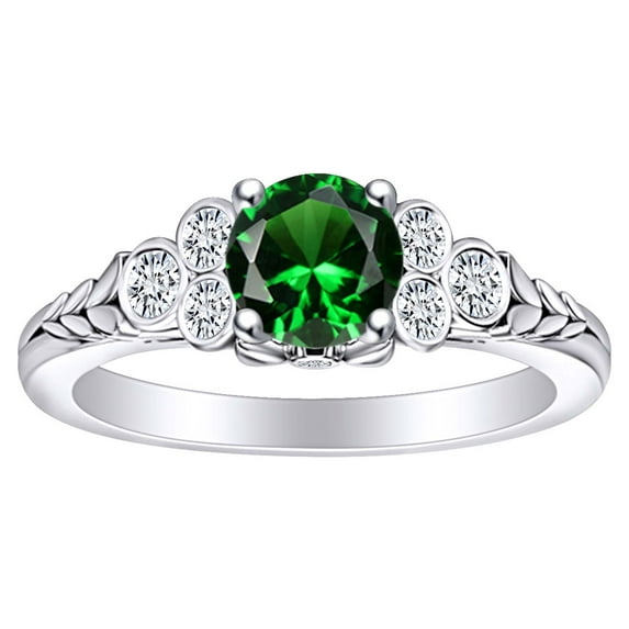 AFFY 1.28 Carat Round Shape Simulated Emerald & Natural Diamond Leaves Engagement Ring 14K Solid White Gold Ring Size-7.5