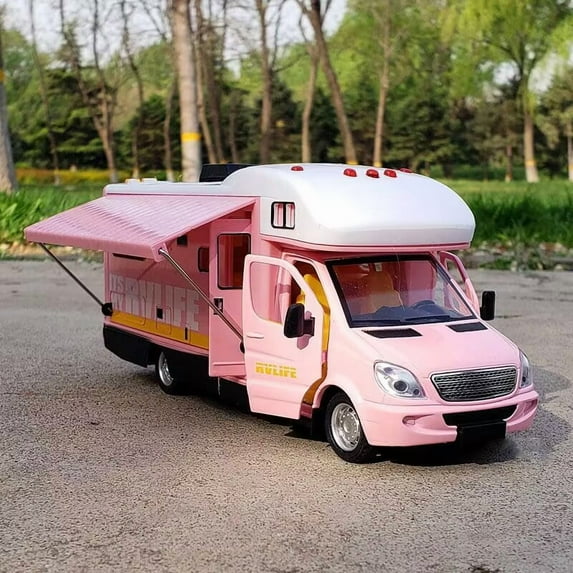1:28 Diecast Luxury RV Recreational Vehicle Car Model Metal Camper Van Motorhome Touring Car Model Sound and Light Kids Toy Gift